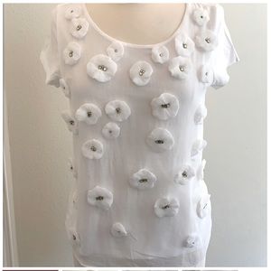 Ann Taylor White Floral Appliqué Top w/ 3D Flowers & Rhinestones XS